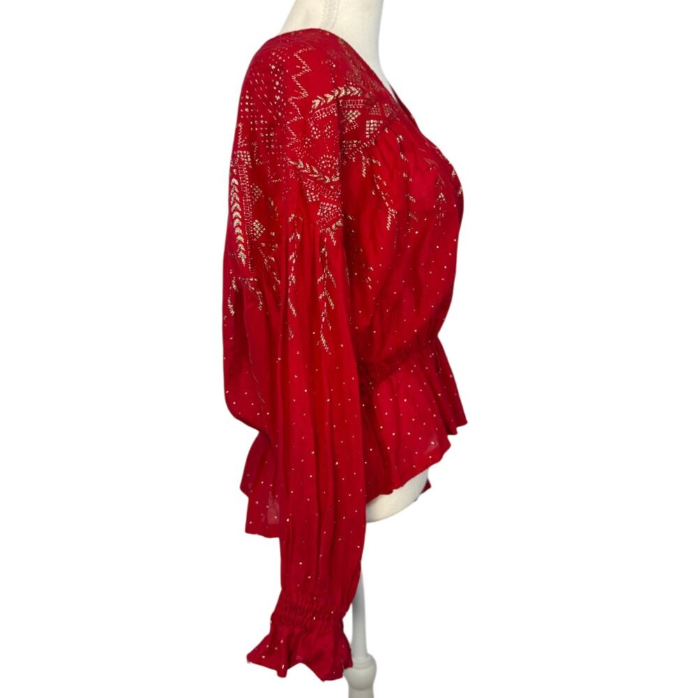 Free People Counting Stars Peasant Top Red Women's Medium Western Boho Festival - Picture 3 of 16